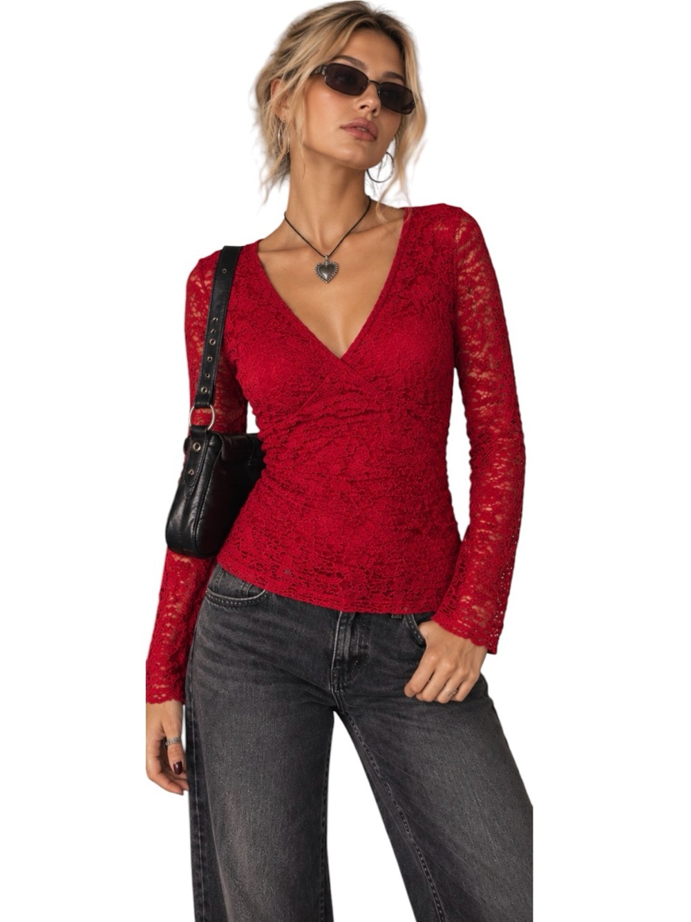 Vintage Y2K Babydoll Lace Top Red Size Large Romantic Stretchy Coquette Vamp